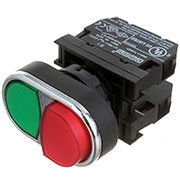 B102K21KY, Кнопка сдвоенная красно-зеленая выступающая (1НО+1НЗ)