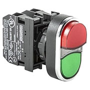 B162K21KY, Кнопка сдвоенная выступающая красно-зеленая с красной подсветкой(1НО+1НЗ)