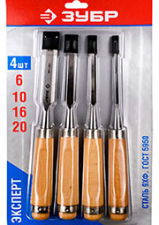 18096-H4, Стамески-долото ЗУБР c деревянной ручкой 6/10/16/20мм, 4шт